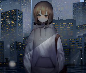 Preview wallpaper girl, sweatshirt, buildings, city, anime