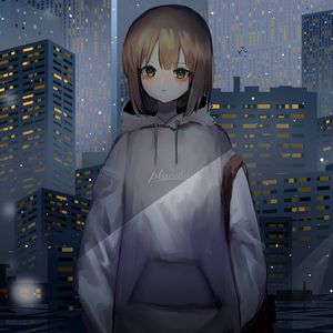 Preview wallpaper girl, sweatshirt, buildings, city, anime