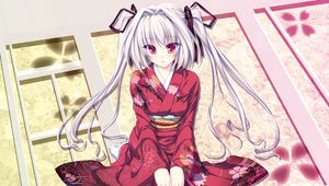 Preview wallpaper girl, sweet, kimono, posture, hand, smile