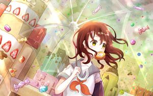 Preview wallpaper girl, sweets, umbrella, anime, art, cartoon