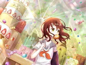 Preview wallpaper girl, sweets, umbrella, anime, art, cartoon