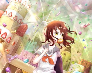 Preview wallpaper girl, sweets, umbrella, anime, art, cartoon