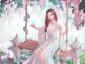 Preview wallpaper girl, swing, butterfly, anime, art