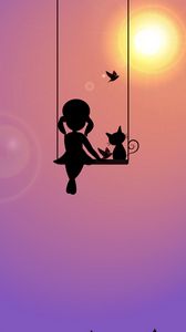 Preview wallpaper girl, swing, cat, birds, silhouette, sun, art
