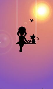 Preview wallpaper girl, swing, cat, birds, silhouette, sun, art