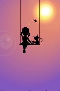 Preview wallpaper girl, swing, cat, birds, silhouette, sun, art