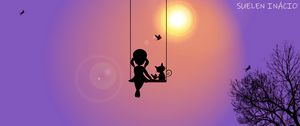 Preview wallpaper girl, swing, cat, birds, silhouette, sun, art