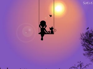 Preview wallpaper girl, swing, cat, birds, silhouette, sun, art