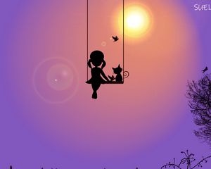 Preview wallpaper girl, swing, cat, birds, silhouette, sun, art