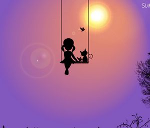 Preview wallpaper girl, swing, cat, birds, silhouette, sun, art