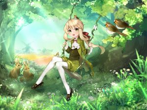 Preview wallpaper girl, swing, forest, anime, art