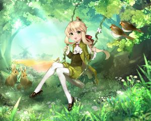 Preview wallpaper girl, swing, forest, anime, art