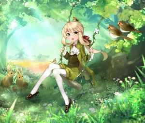 Preview wallpaper girl, swing, forest, anime, art