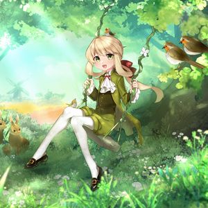 Preview wallpaper girl, swing, forest, anime, art