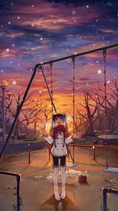 Preview wallpaper girl, swing, jacket, snow, winter, anime