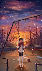 Preview wallpaper girl, swing, jacket, snow, winter, anime