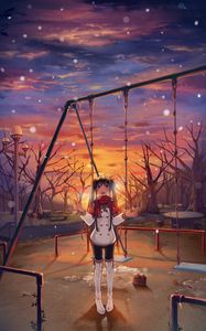 Preview wallpaper girl, swing, jacket, snow, winter, anime