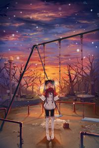 Preview wallpaper girl, swing, jacket, snow, winter, anime