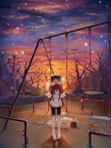 Preview wallpaper girl, swing, jacket, snow, winter, anime