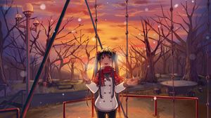 Preview wallpaper girl, swing, jacket, snow, winter, anime