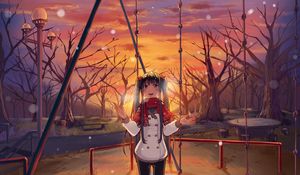 Preview wallpaper girl, swing, jacket, snow, winter, anime