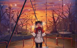 Preview wallpaper girl, swing, jacket, snow, winter, anime