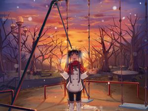 Preview wallpaper girl, swing, jacket, snow, winter, anime