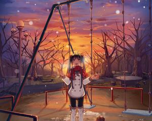Preview wallpaper girl, swing, jacket, snow, winter, anime