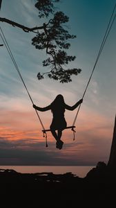 Preview wallpaper girl, swing, silhouette, branch, sunset