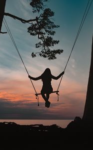 Preview wallpaper girl, swing, silhouette, branch, sunset