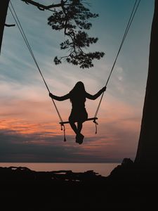 Preview wallpaper girl, swing, silhouette, branch, sunset