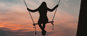 Preview wallpaper girl, swing, silhouette, branch, sunset
