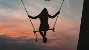 Preview wallpaper girl, swing, silhouette, branch, sunset