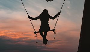 Preview wallpaper girl, swing, silhouette, branch, sunset