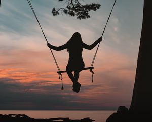 Preview wallpaper girl, swing, silhouette, branch, sunset