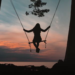 Preview wallpaper girl, swing, silhouette, branch, sunset