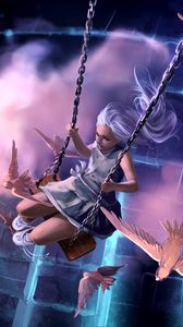 Preview wallpaper girl, swings, birds, art