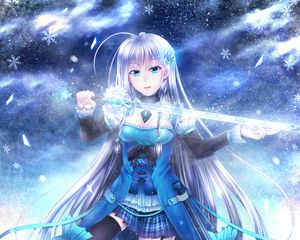 Preview wallpaper girl, sword, ice, anime, art, blue