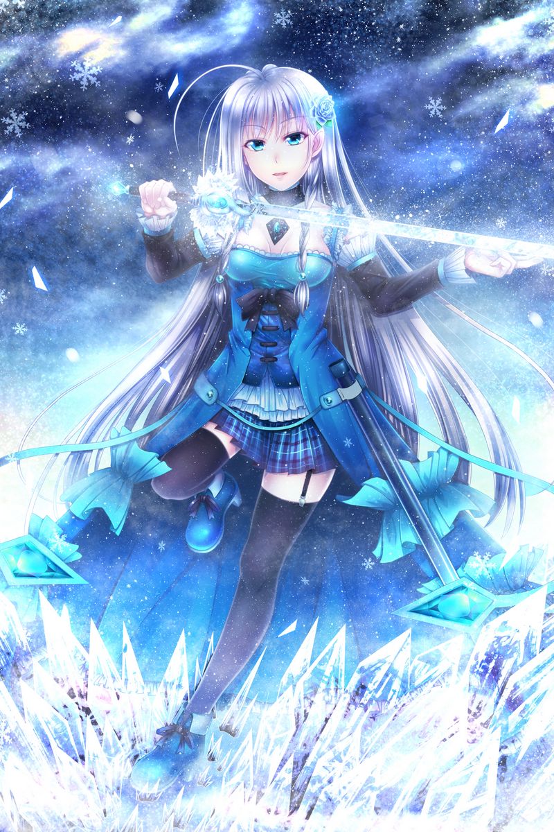 Download wallpaper 800x1200 girl, sword, ice, anime, art, blue iphone 4s/4  for parallax hd background