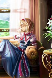 Preview wallpaper girl, table, window, landscape, sofa, thoughtfulness