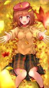 Preview wallpaper girl, take, leaves, autumn, anime