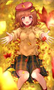 Preview wallpaper girl, take, leaves, autumn, anime