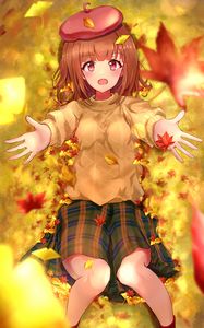 Preview wallpaper girl, take, leaves, autumn, anime