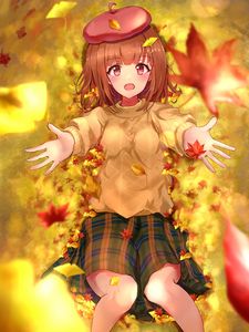 Preview wallpaper girl, take, leaves, autumn, anime