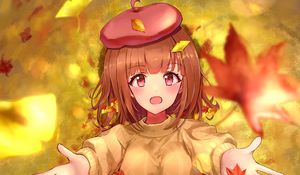 Preview wallpaper girl, take, leaves, autumn, anime