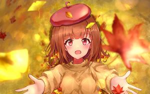 Preview wallpaper girl, take, leaves, autumn, anime