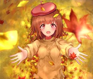 Preview wallpaper girl, take, leaves, autumn, anime