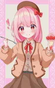 Preview wallpaper girl, take, smile, dessert, anime, art