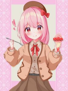 Preview wallpaper girl, take, smile, dessert, anime, art