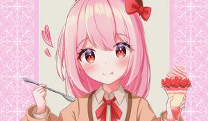 Preview wallpaper girl, take, smile, dessert, anime, art